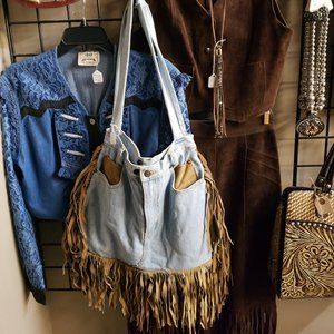 Vintage Western Fringe Homemade denim jean bag purse festival